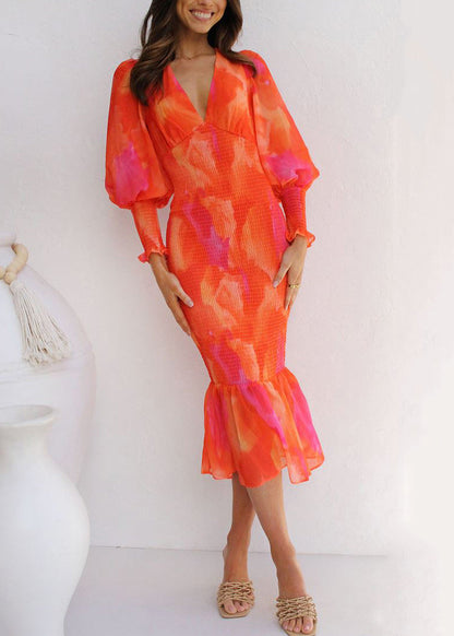 Red V Neck Lace Up Cotton Fishtail Dress Puff Sleeve