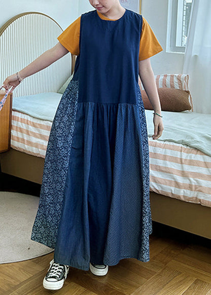 Navy Pockets Patchwork Cotton Tank Dresses Sleeveless