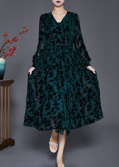 Classy Blackish Green V Neck Jacquard Silk Velour Vacation Dresses Fall