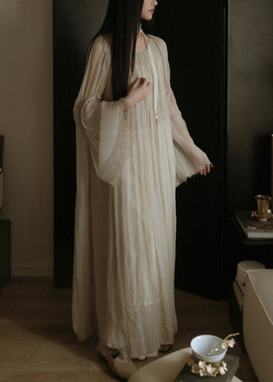 White Wrinkled Silk Cotton Long Dress Flare Sleeve