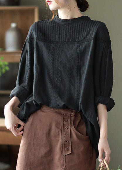 Black Hollow Out Wrinkled Cotton Shirt Top Spring