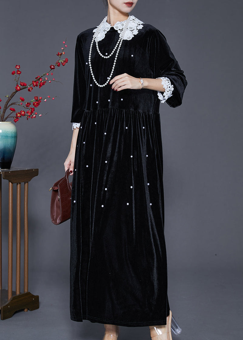 Loose Black Lace Patchwork Nail Bead Silk Velour Long Dresses Spring