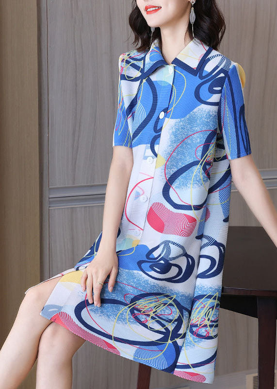 Blue Peter Pan Collar Print Button Wrinkled Shirt Dress Short Sleeve