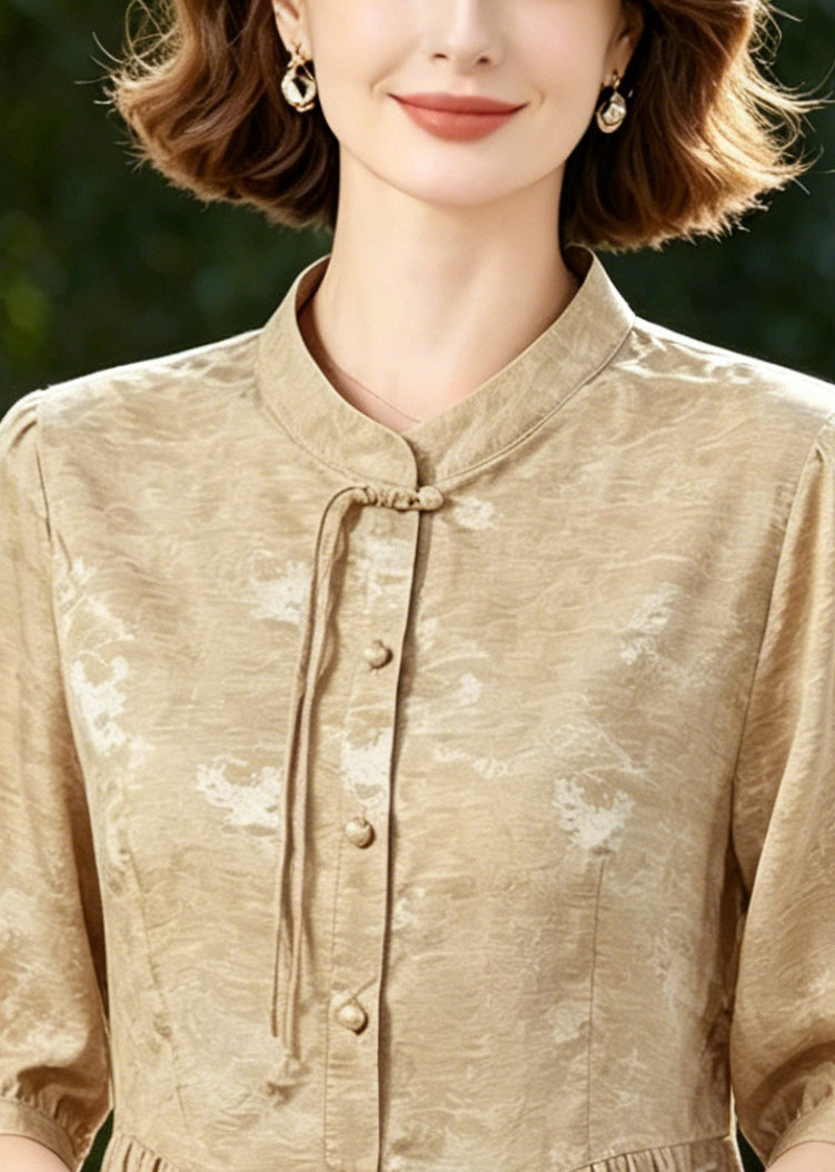 Khaki Tasseled Wrinkled Silk Blouse Tops Half Sleeve