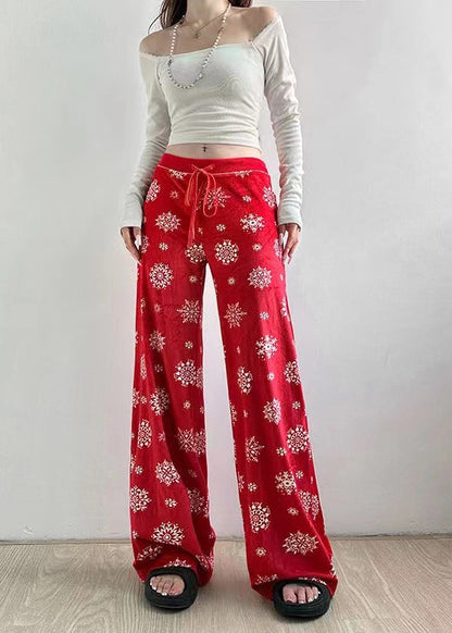 Red Print Tie Waist Silk Velvet Straight Pants Fall