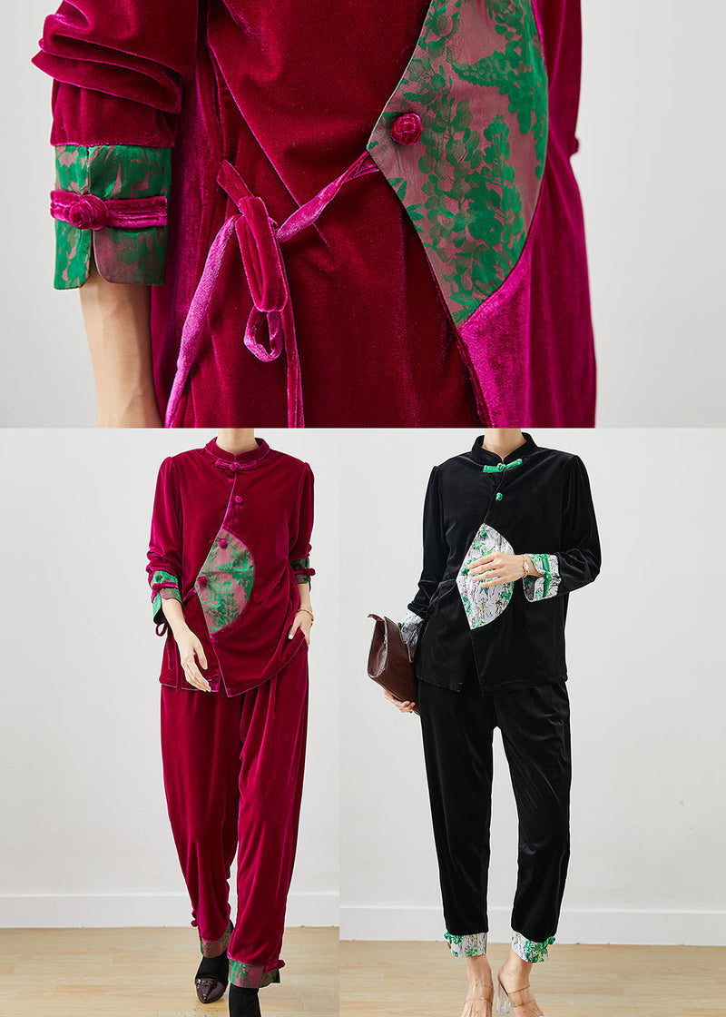 Rose Tie Waist Patchwork Silk Velour Two Pieces Set Spring