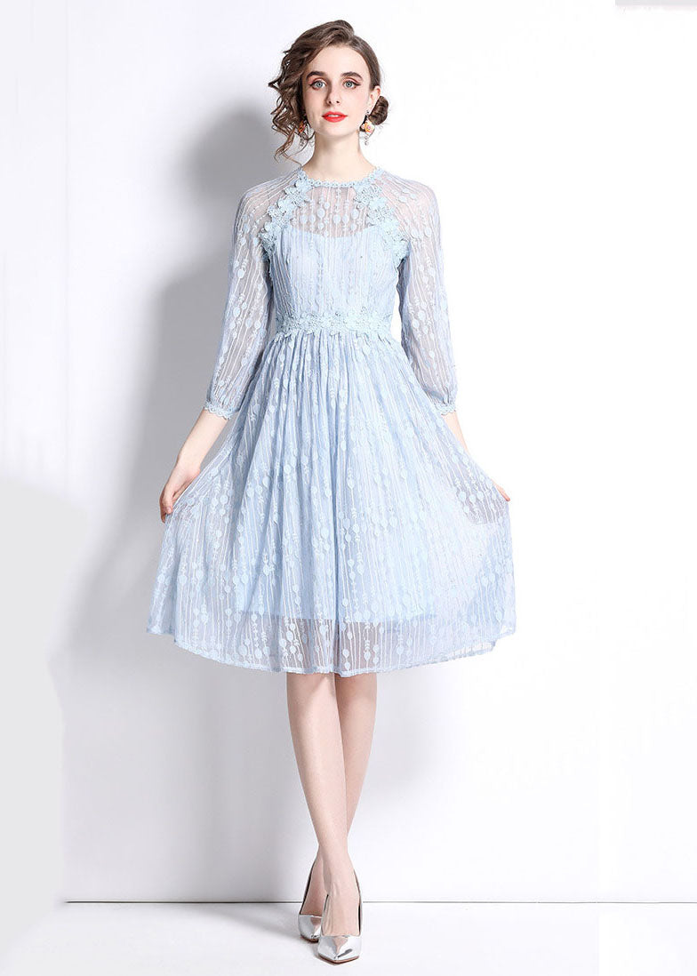 Stylish Light Blue Embroideried Patchwork Lace Cinch Dress Bracelet Sleeve
