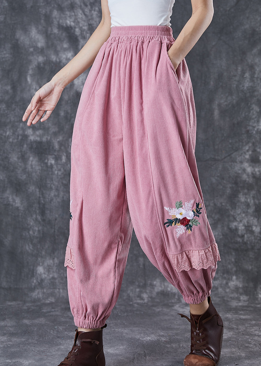 Pink Patchwork Corduroy Harem Pants Embroideried Fall