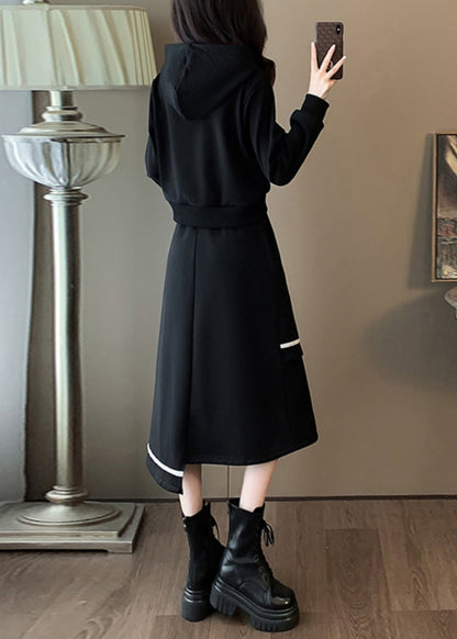 Black Hooded Sweatshirt and Skirts Cotton Two Piece Set Spring
