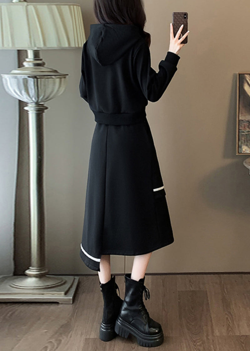 Black Hooded Sweatshirt and Skirts Cotton Two Piece Set Spring