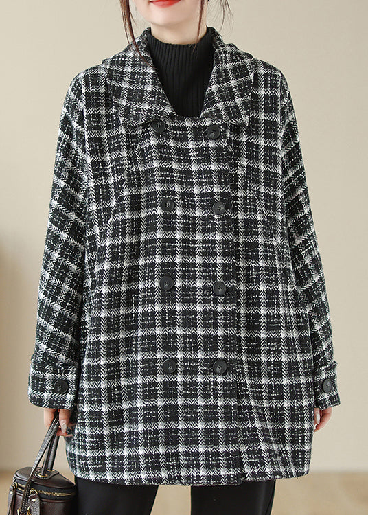 Black Plaid Peter Pan Collar Pockets Woolen Jacket Fall