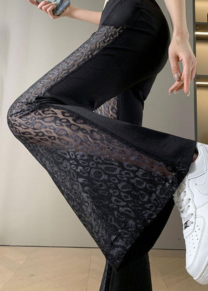 New Black Lace Splicing High Waist Bellbottom Pants Summer
