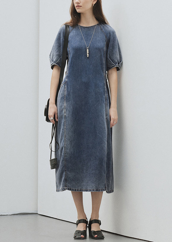 Blue O Neck Pockets Patchwork Denim Dress Summer