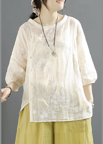 Beige Embroideried Button Linen Shirt Top Fall