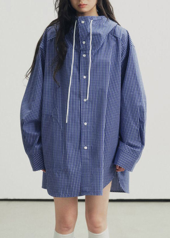 Blue Plaid Drawstring Button Hooded Shirt Lantern Sleeve
