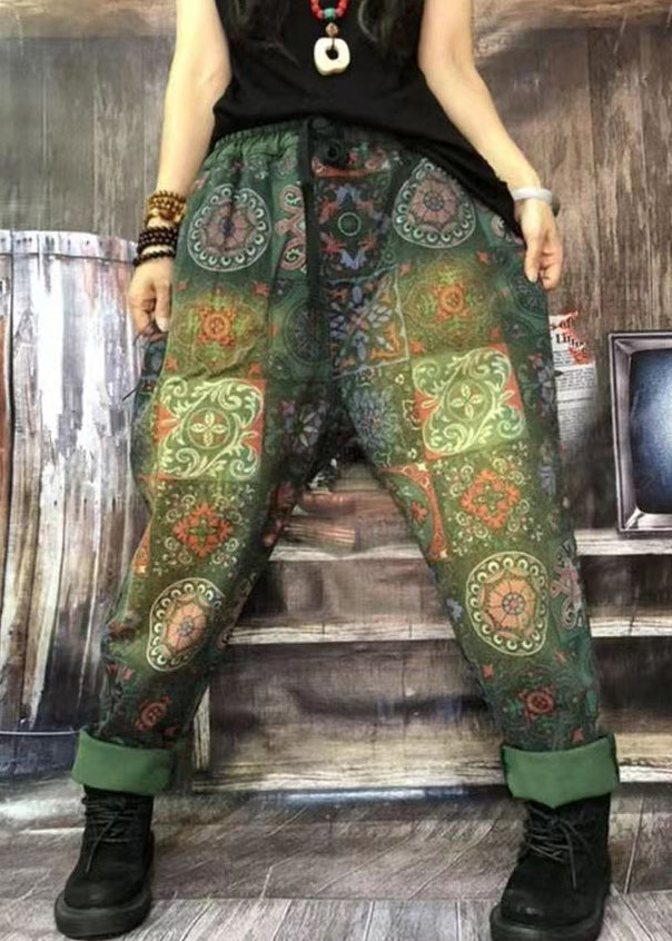 Autumn New Green Print Denim Harlan Pants