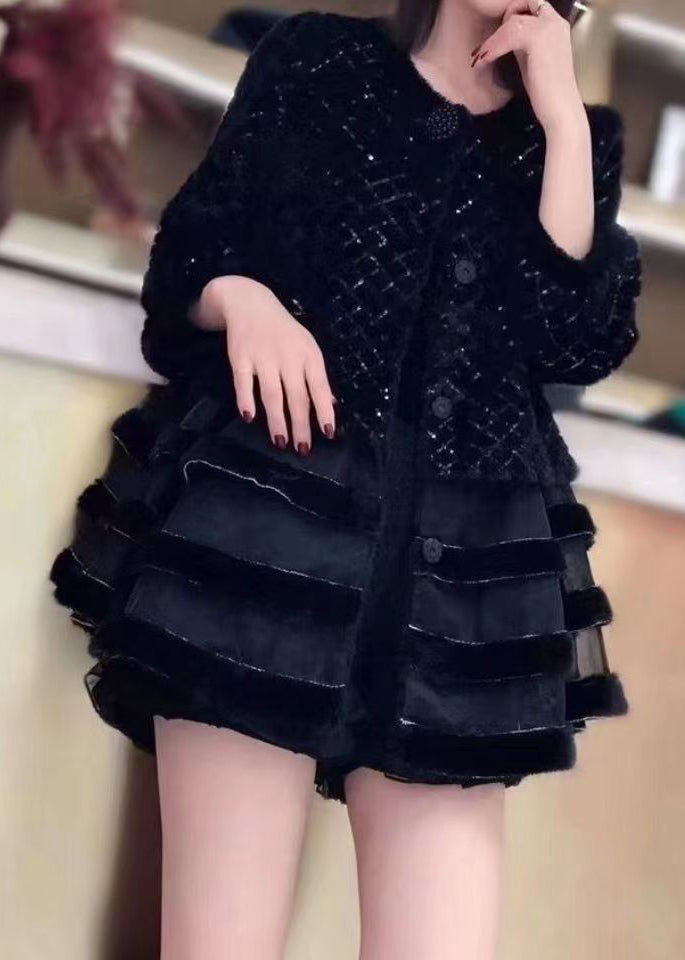 French Black O-neck Button Patchwork Velour Coats Fall