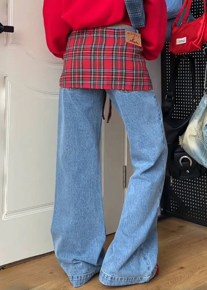 Blue Pockets False Two Pieces Patchwork Denim Pants Fall
