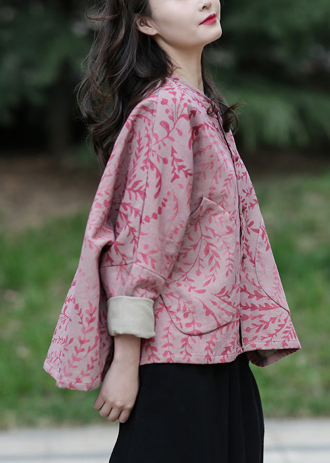 Red O-neck Print Cotton Coats Spring