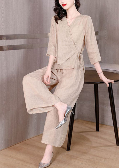 Beige Asymmetrical Tie Waist Linen Two Pieces Set Spring