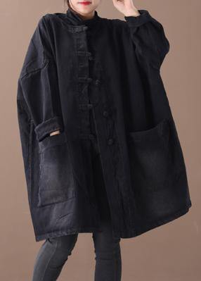Style Denim Black Fine Clothes for O Neck Chinese Button Outwear