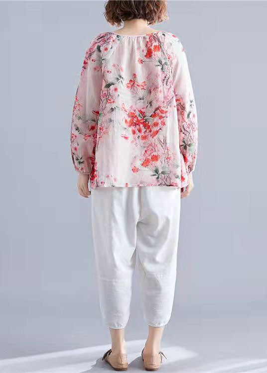 Blue V Neck Print Tops Lantern Sleeve