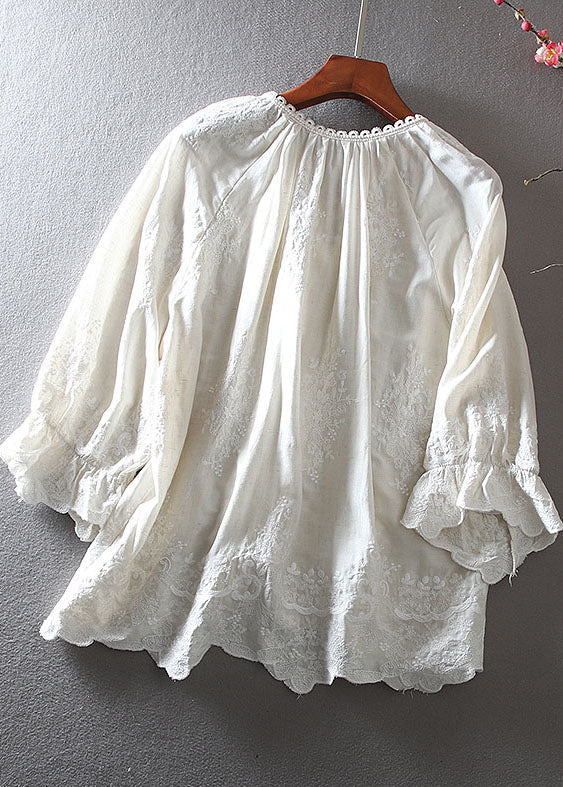 White Embroidered Cotton Shirt Tops Spring