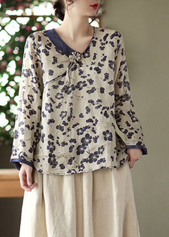 Navy Linen Tops Long Sleeve