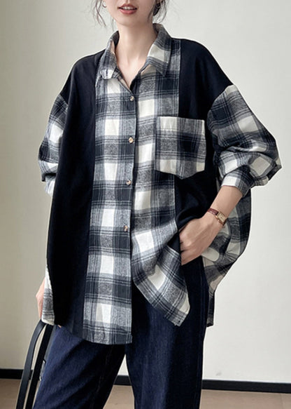 Black Plaid Button Patchwork Cotton Shirts Fall