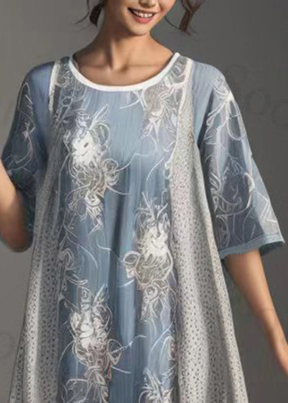Loose Blue O-neck Print Silk Long Dresses Half Sleeve