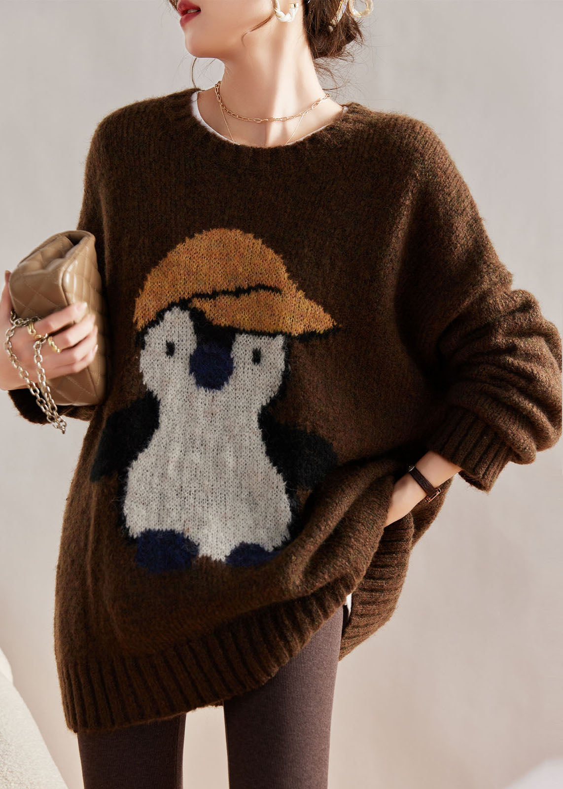Jacquard Coffee O-neck Thick Cotton Knit Sweater Winter