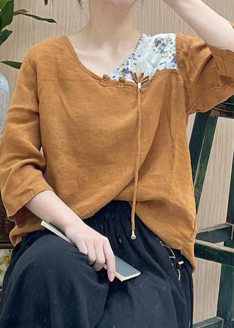 Orange V Neck Asymmetrical Design Print Linen Top Three Quarter Sleeve