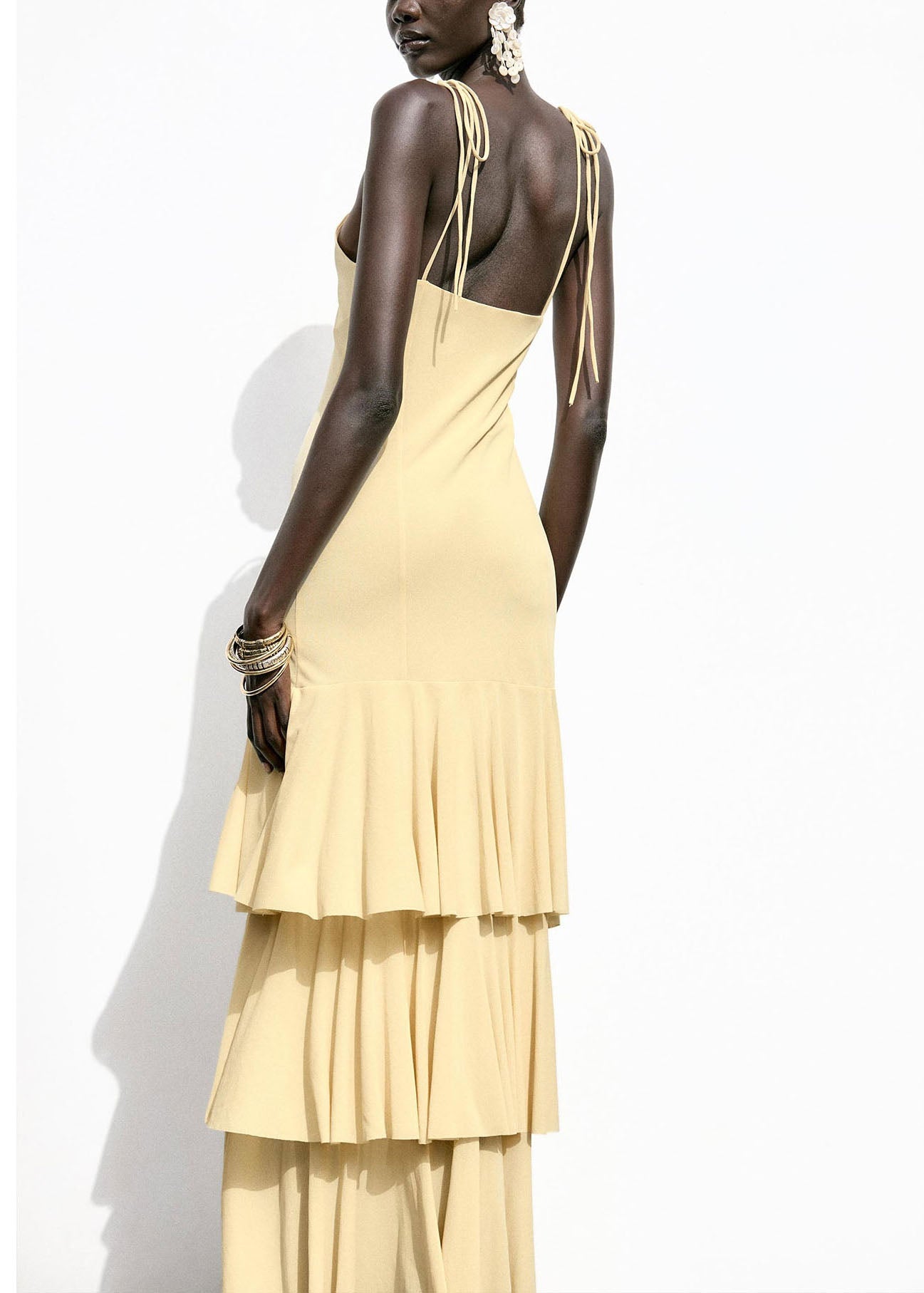 Yellow Ruffled Patchwork Chiffon Spaghetti Strap Dress Summer
