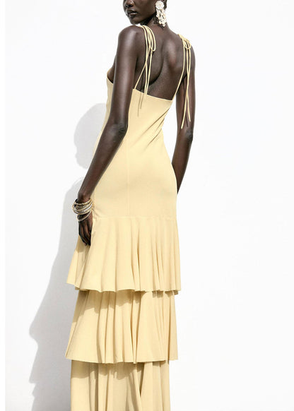 Yellow Ruffled Patchwork Chiffon Spaghetti Strap Dress Summer