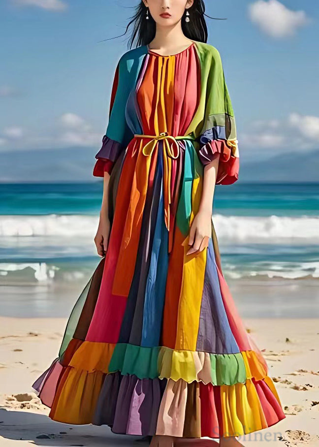 Rainbow Tie Waist Wrinkled Cotton Maxi Dresses Half Sleeve