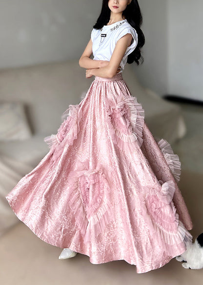 Pink Exra Large Hem Patchwork Heart-shaped Silk Party Skirts Spring