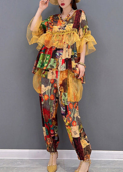 French O-neck Ruffled Tulle Patchwork Chiffon Tops and Pants Two Piece Set Summer