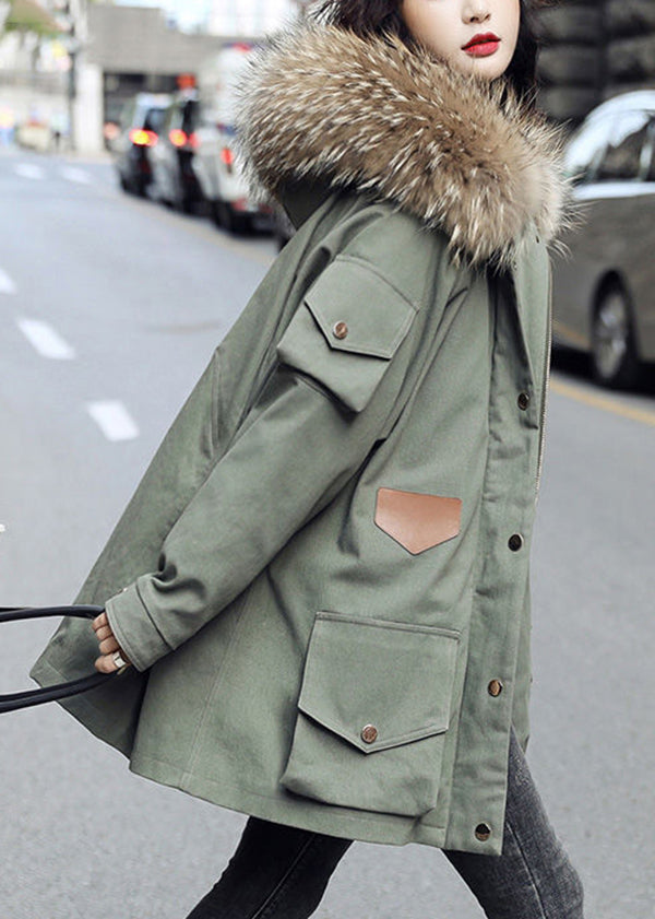 Army Green Zip Up Fur Collar Cotton Blend Puffer Parka Jacket Winter