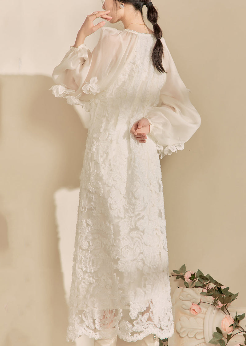 White V Neck Tulle Maxi Dresses Fall