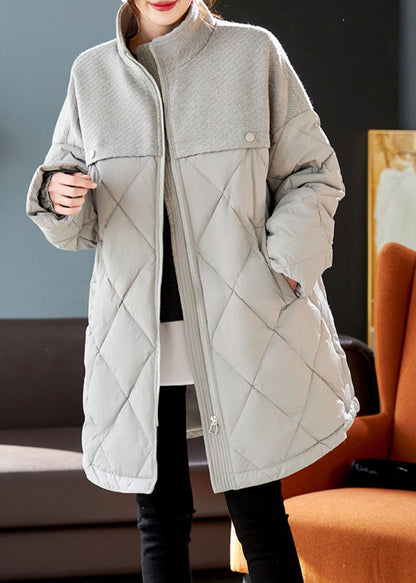 Grey Woolen Patchwork Duck Down Down Coat Winter