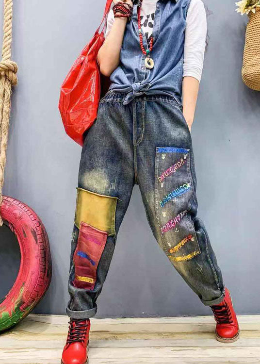 Blue Patch Applique Denim Harem Pants