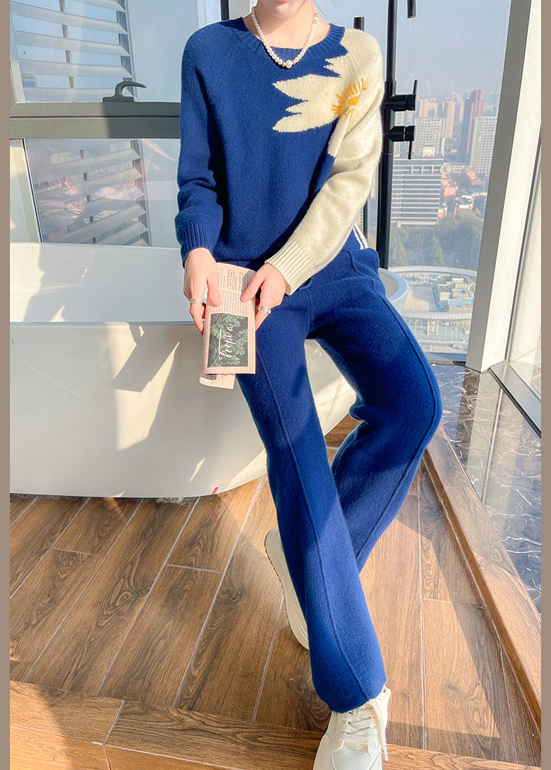 Blue O Neck Tops and Pants Cashmere Two Pieces Set Spring