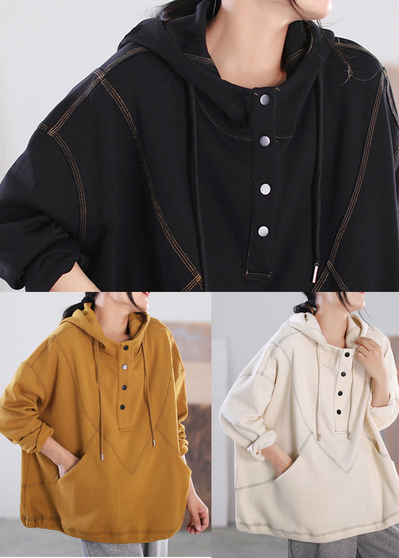Beige Drawstring Hooded Cotton Pullover Long Sleeve