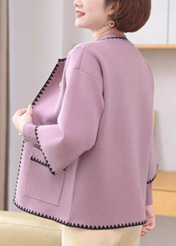 Light Purple O-neck Pockets Cotton Knit Coats and Sweaters Two-piece Set Fall
