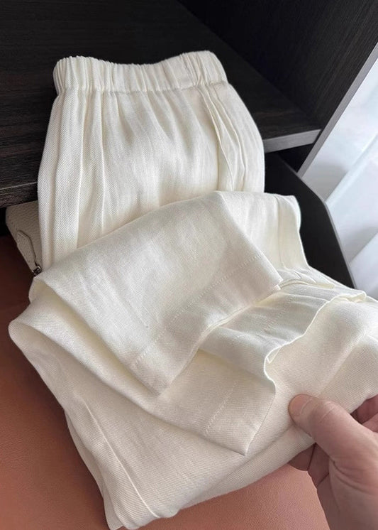 Organic White Elastic Waist Draping Linen Straight Pants Spring