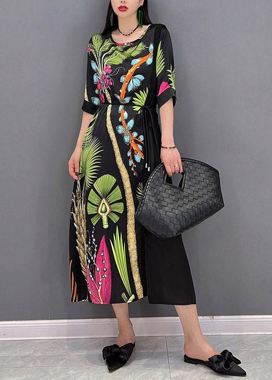 French O-neck Print Patchwork Tie Waist Chiffon Dresses Half Sleeve