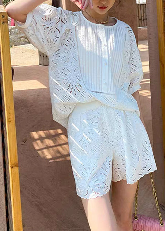 French White O-neck Shirt and Shorts Two Pieces Set Short Sleeve