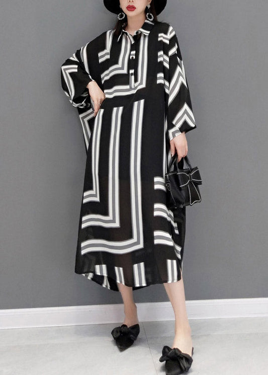 Grey Peter Pan Collar Side Open Striped Button Dresses Batwing Sleeve