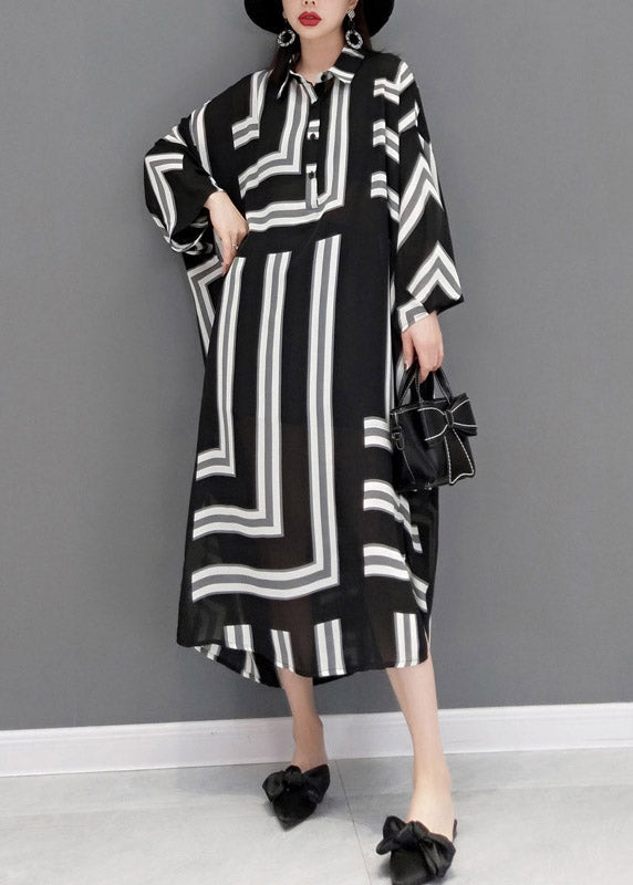Grey Peter Pan Collar Side Open Striped Button Dresses Batwing Sleeve