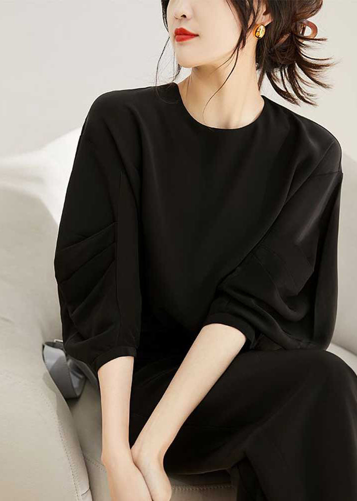 Apricot O-neck Wrinkled Chiffon Top Long Sleeve